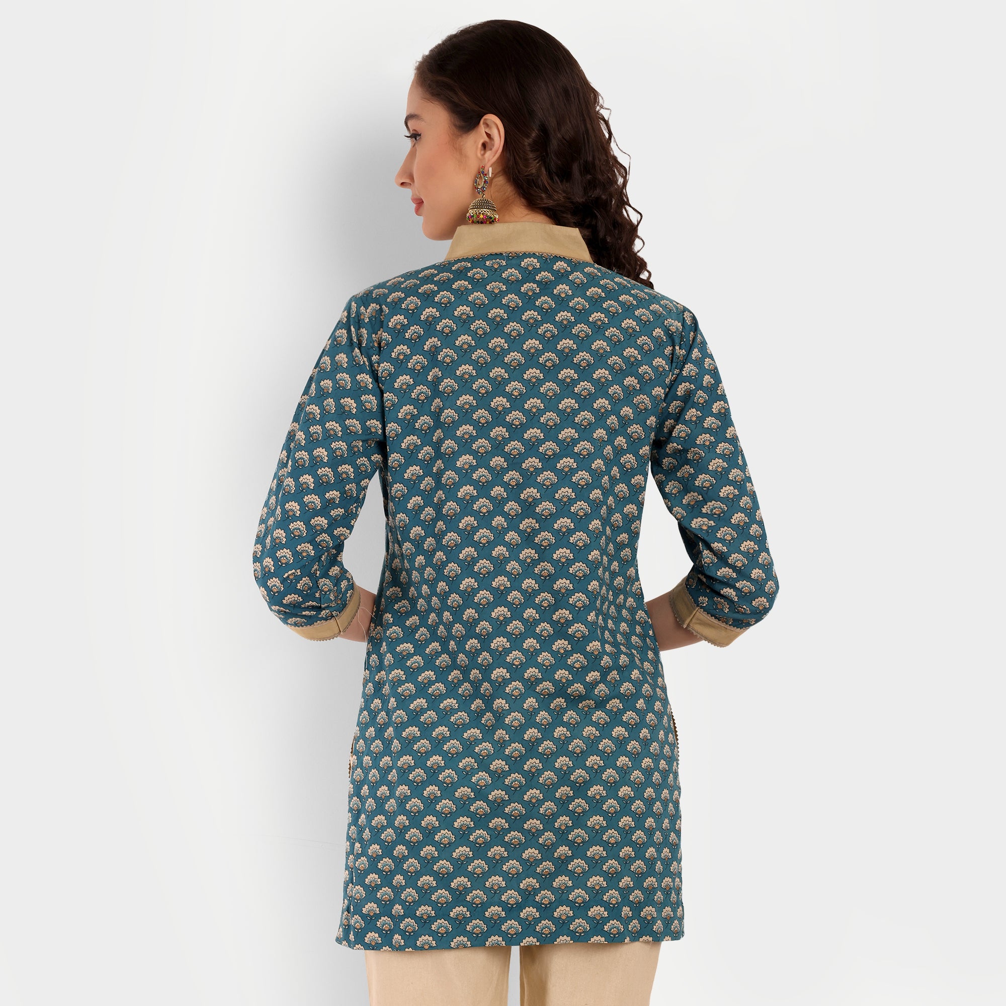 Teal Blue Floral Printed Straight Cotton Tunic For Women