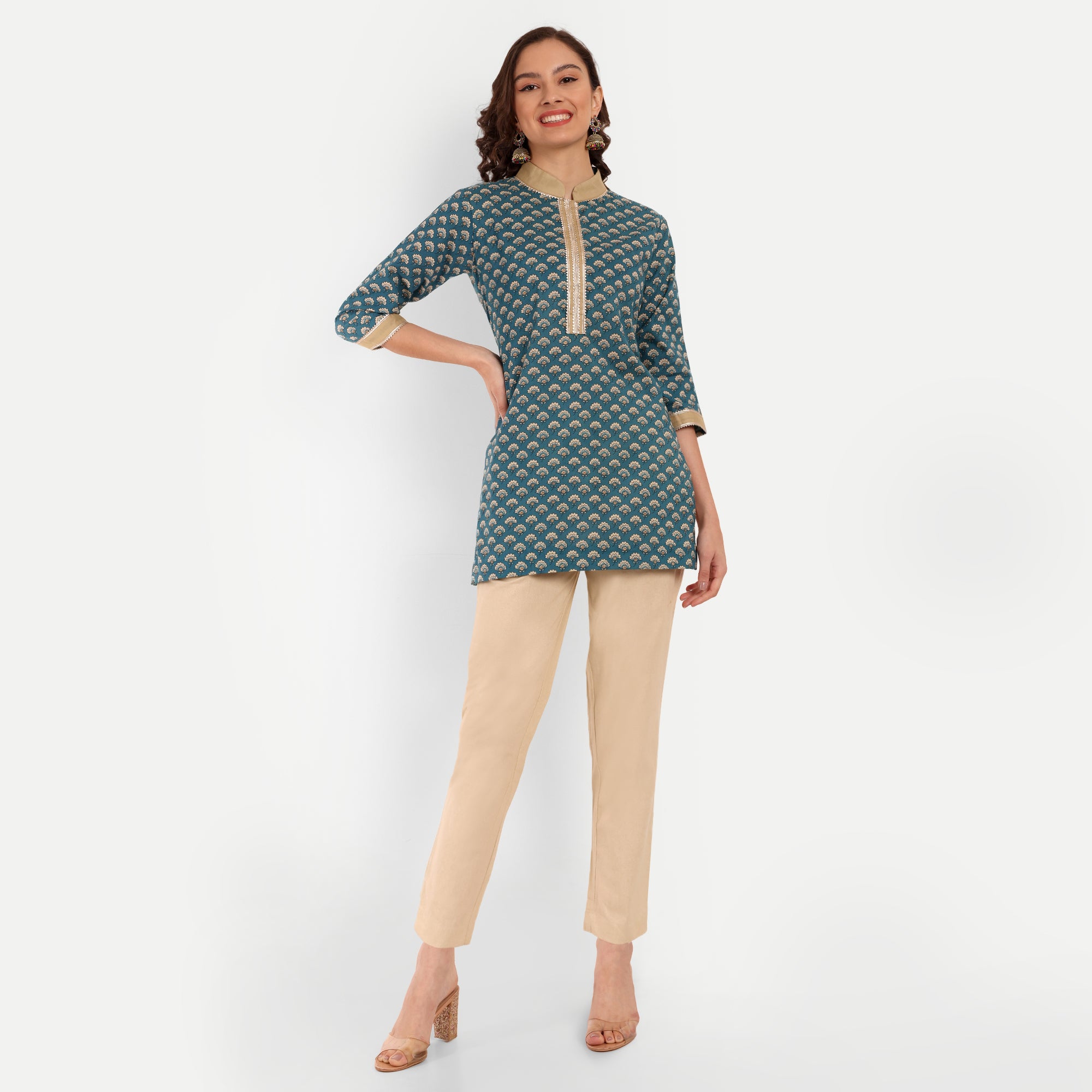 Teal Blue Floral Printed Straight Cotton Tunic with Stylish Look