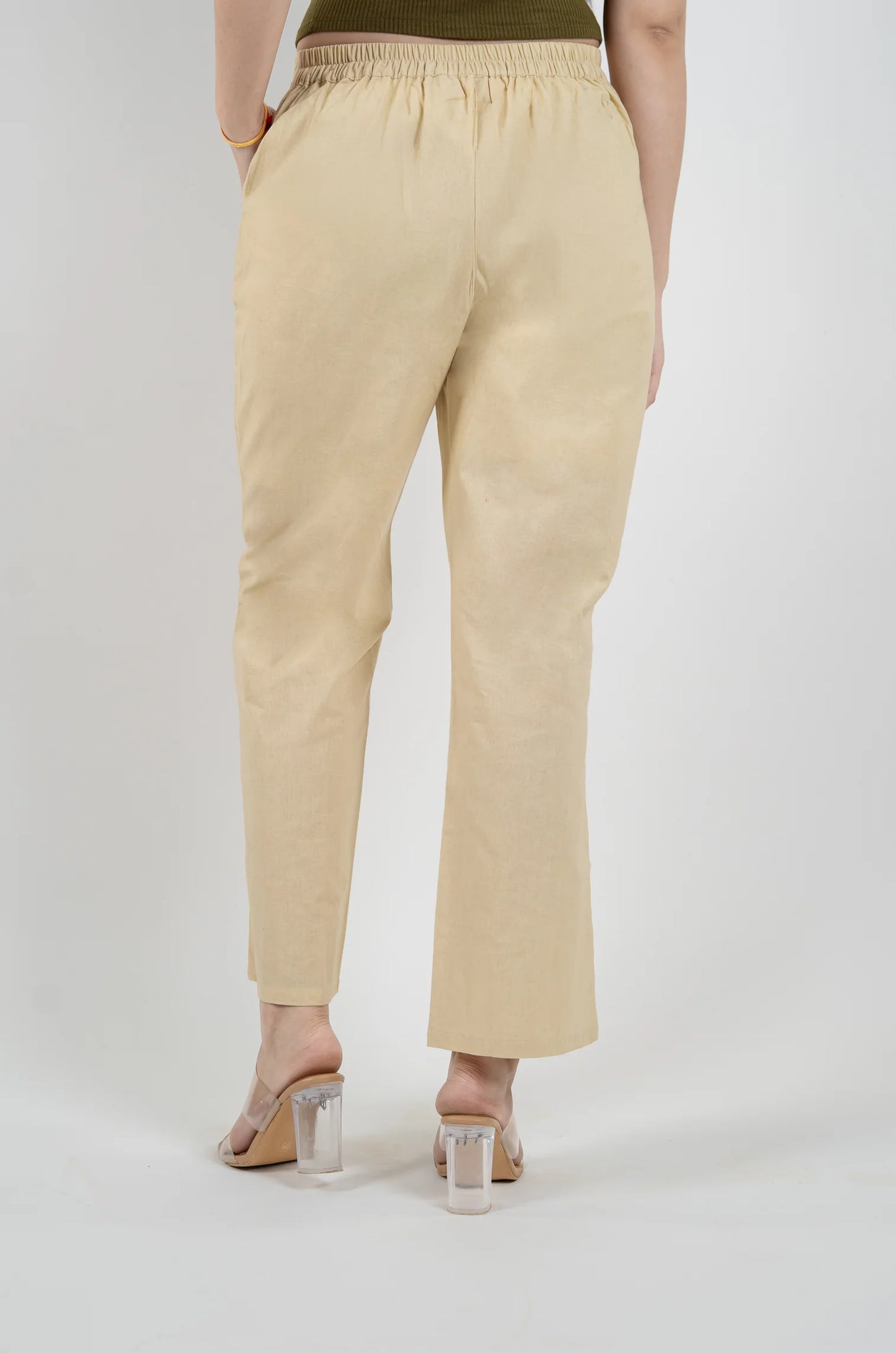 Beige Women Wide Leg Cotton Pant