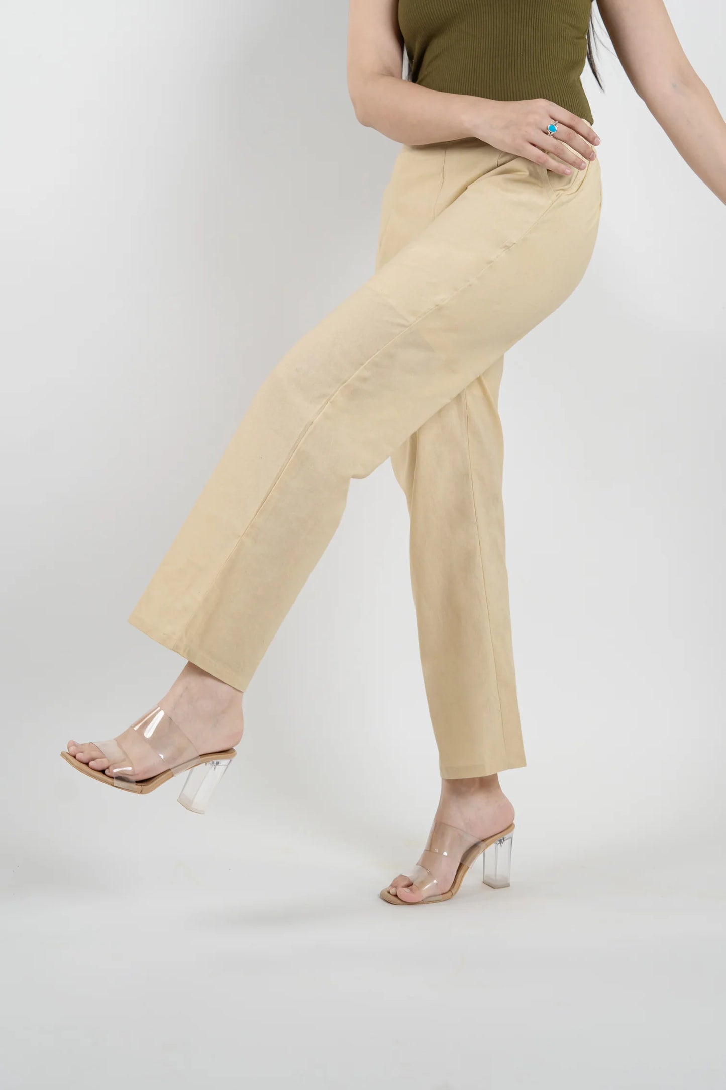 Beige Women Wide Leg Cotton Pant