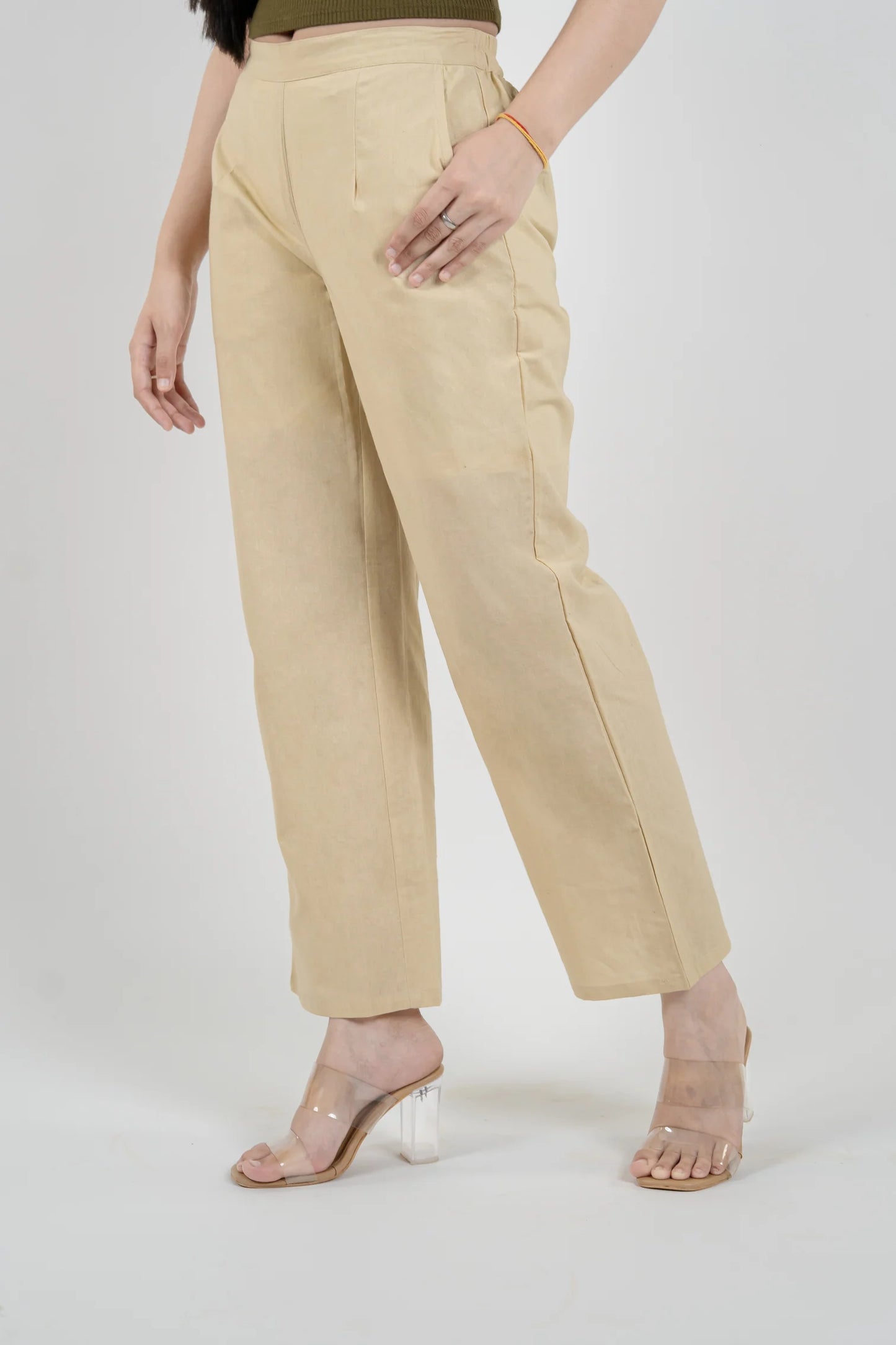 Beige Women Wide Leg Cotton Pant
