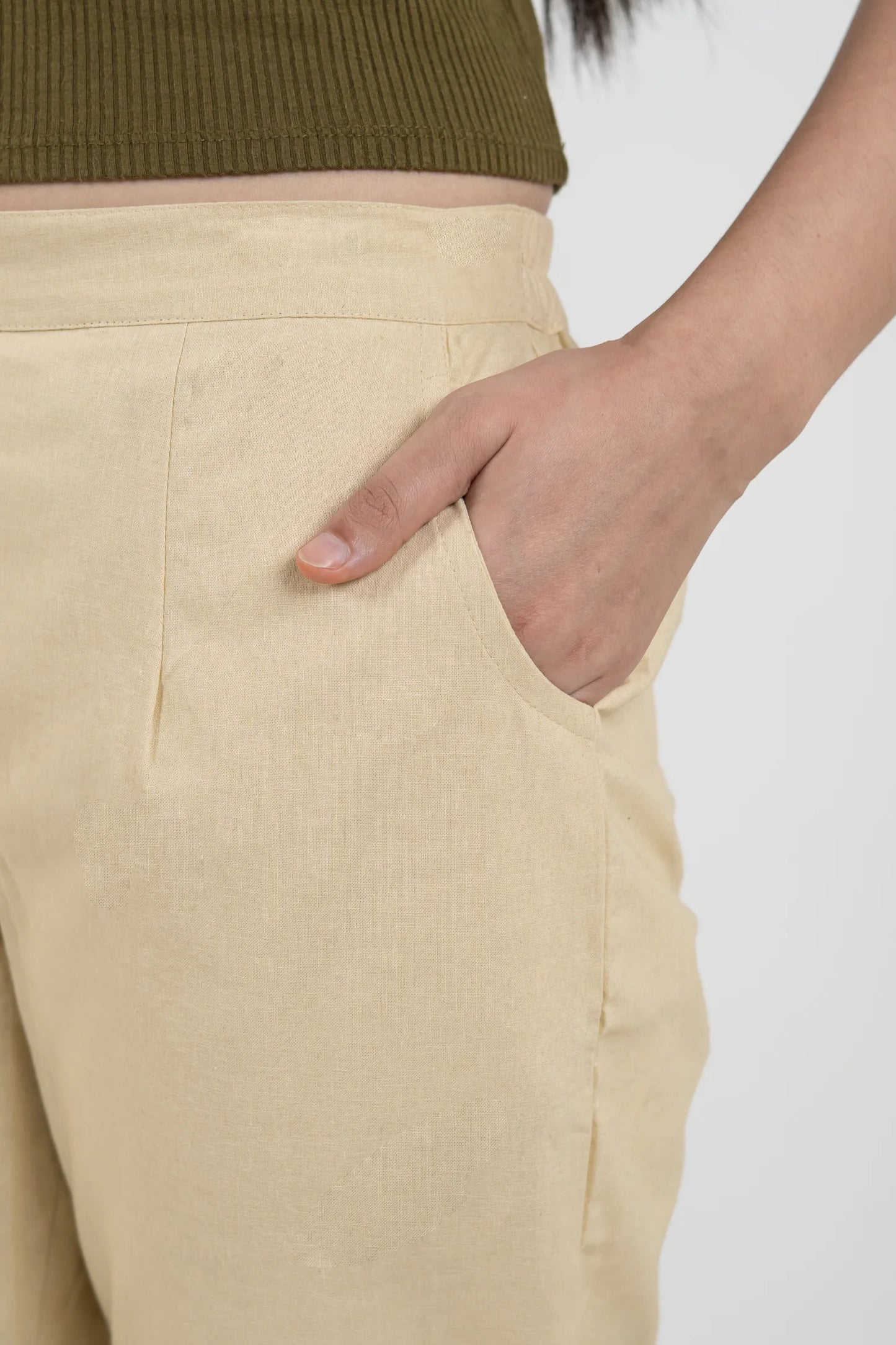 Beige Women Wide Leg Cotton Pant
