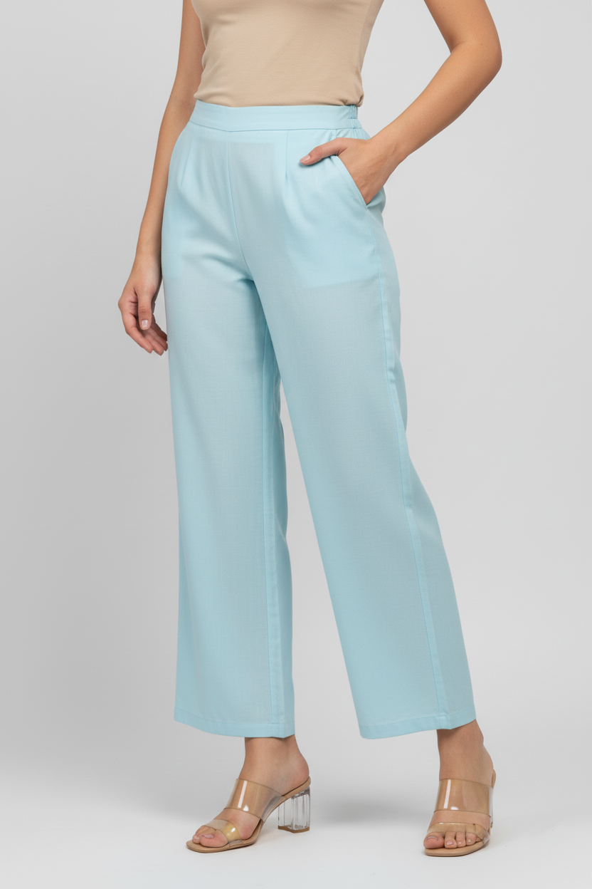 Sky Blue Women Wide Leg Cotton Pant