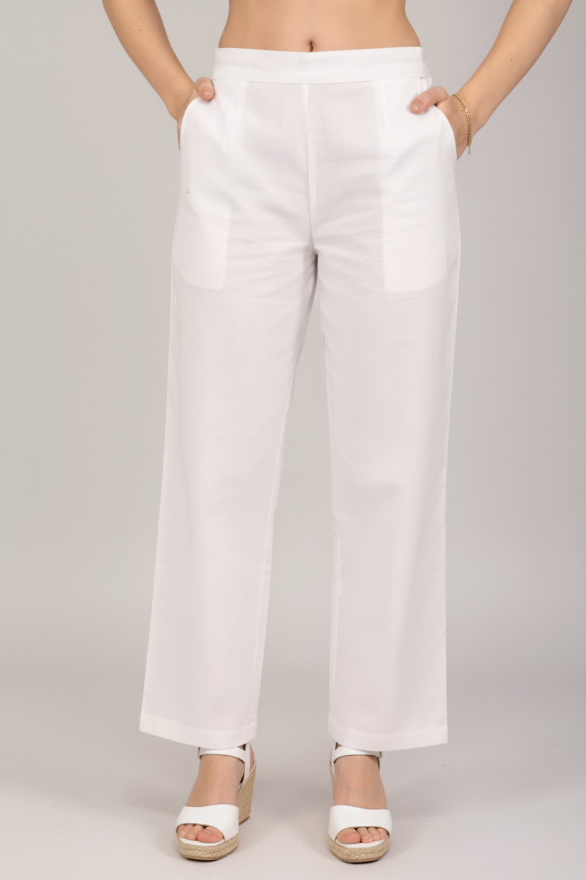 White Women Wide Leg Cotton Pant