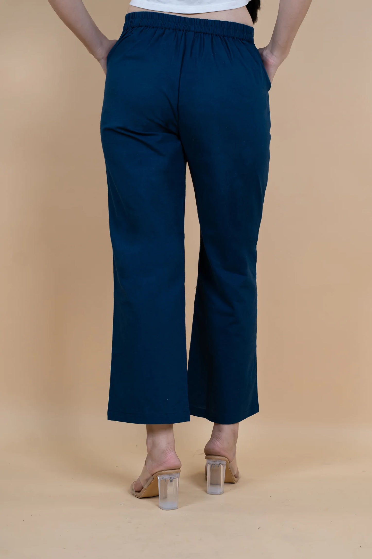 Blue Women Wide Leg Cotton Pant