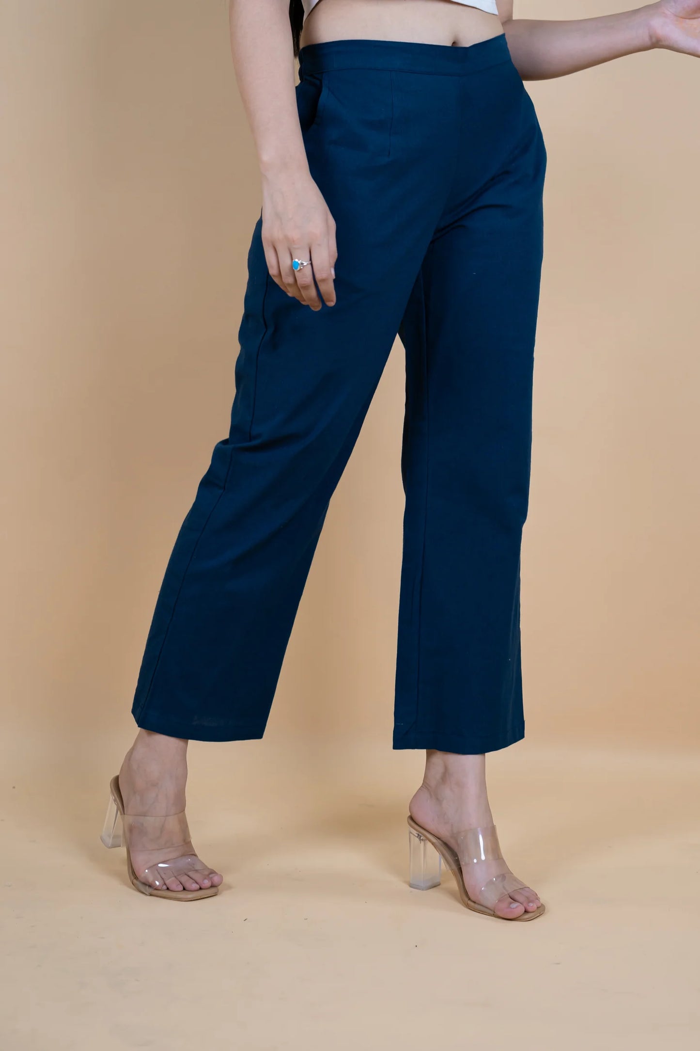 Blue Women Wide Leg Cotton Pant
