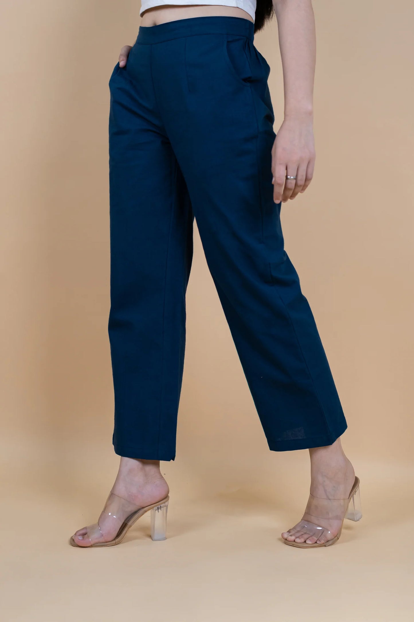 Blue Women Wide Leg Cotton Pant