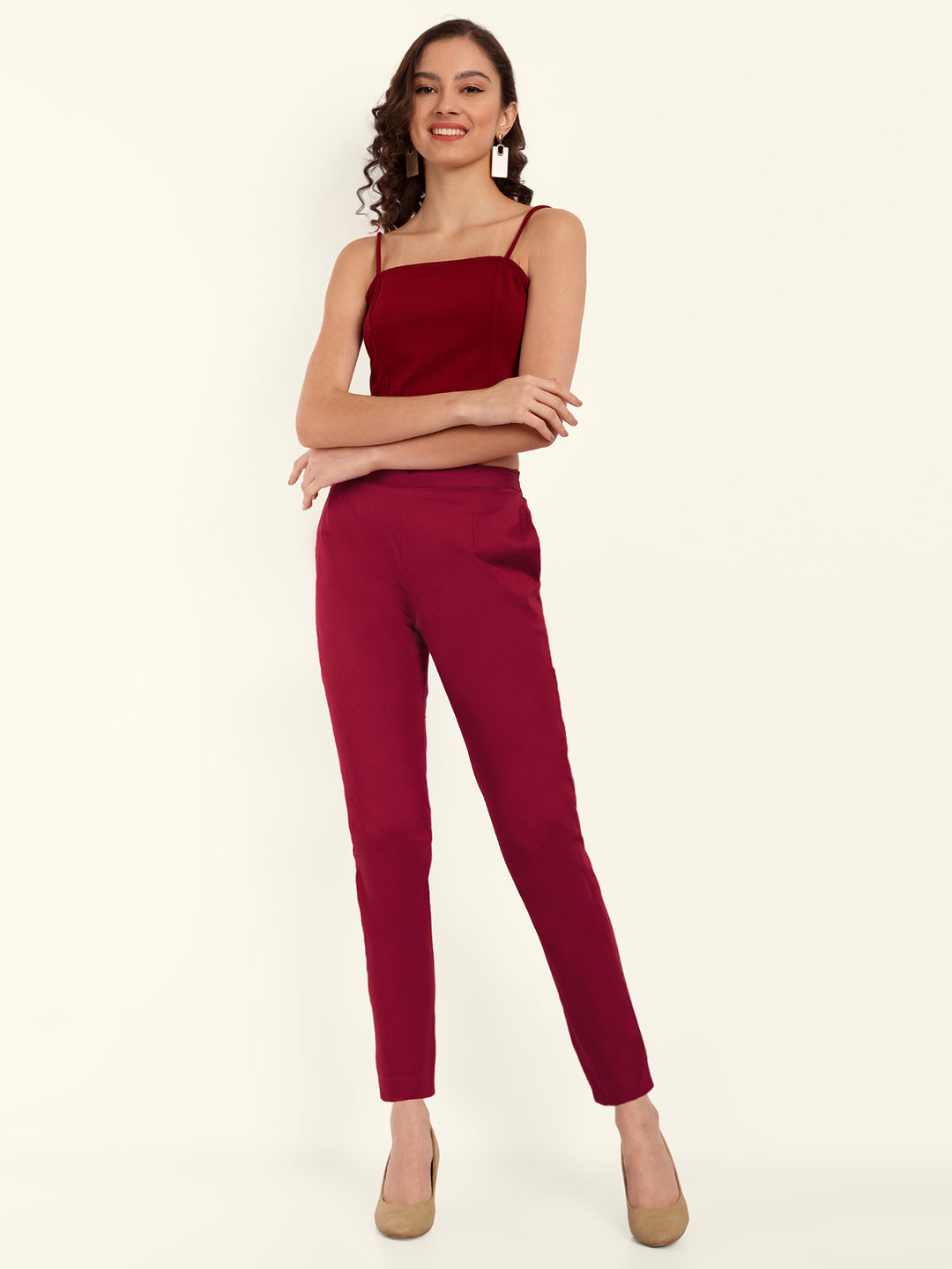 Maroon Stretchable Cotton Pant With Pocket