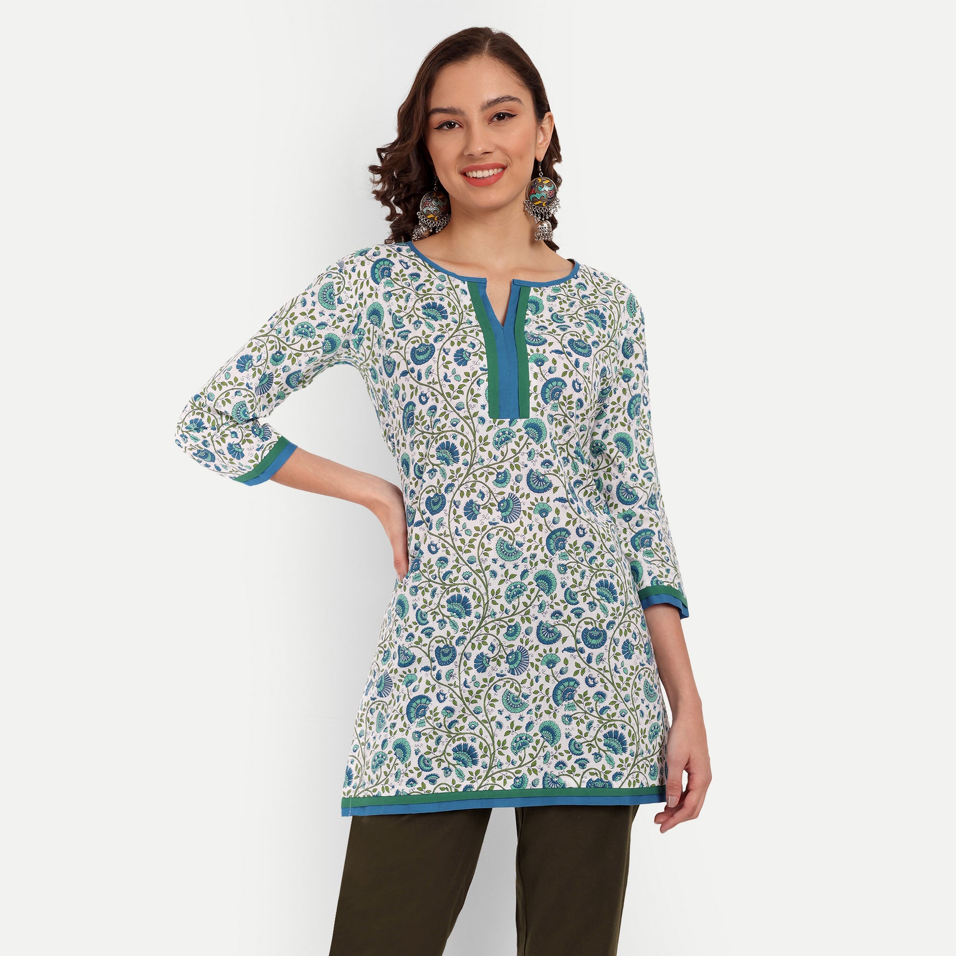 White and Blue Floral Printed Straight Cotton Tunic