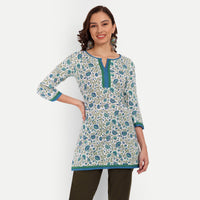 Thumbnail for White and Blue Floral Printed Straight Cotton Tunic