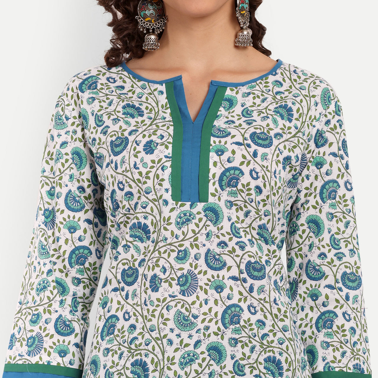 White and Blue Floral Printed Straight Cotton Tunic