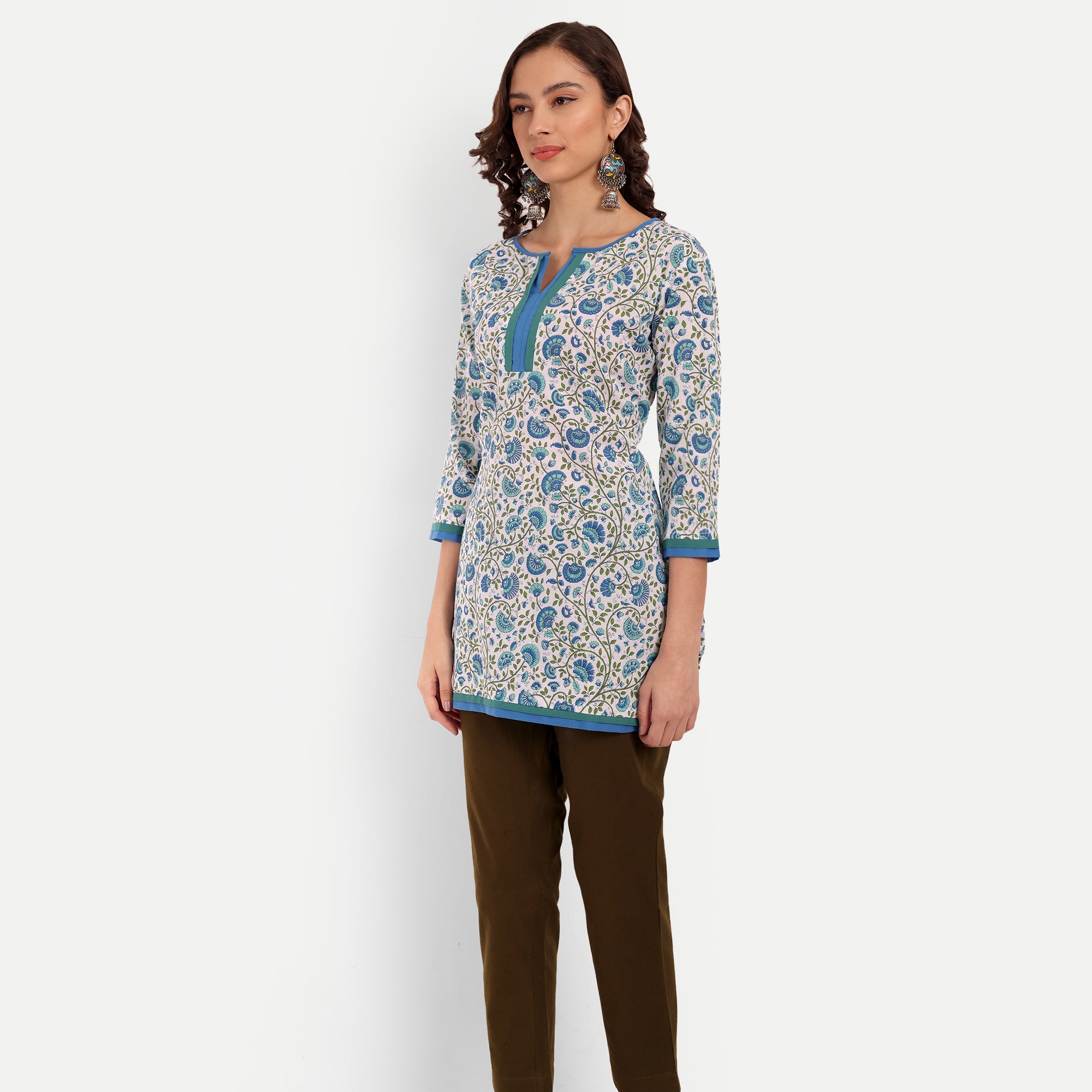 White and Blue Floral Printed Straight Cotton Tunic