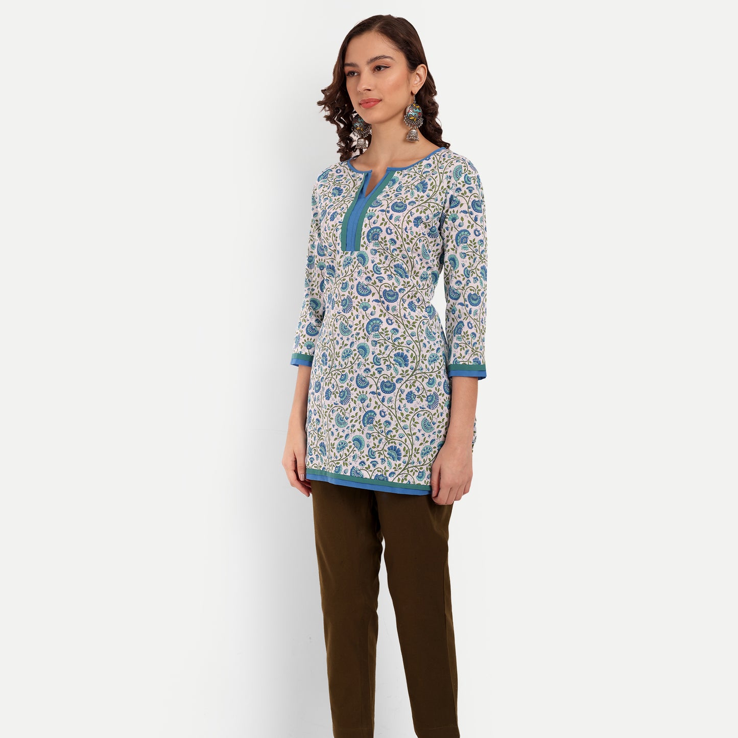 White and Blue Floral Printed Straight Cotton Tunic