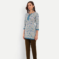 Thumbnail for White and Blue Floral Printed Straight Cotton Tunic