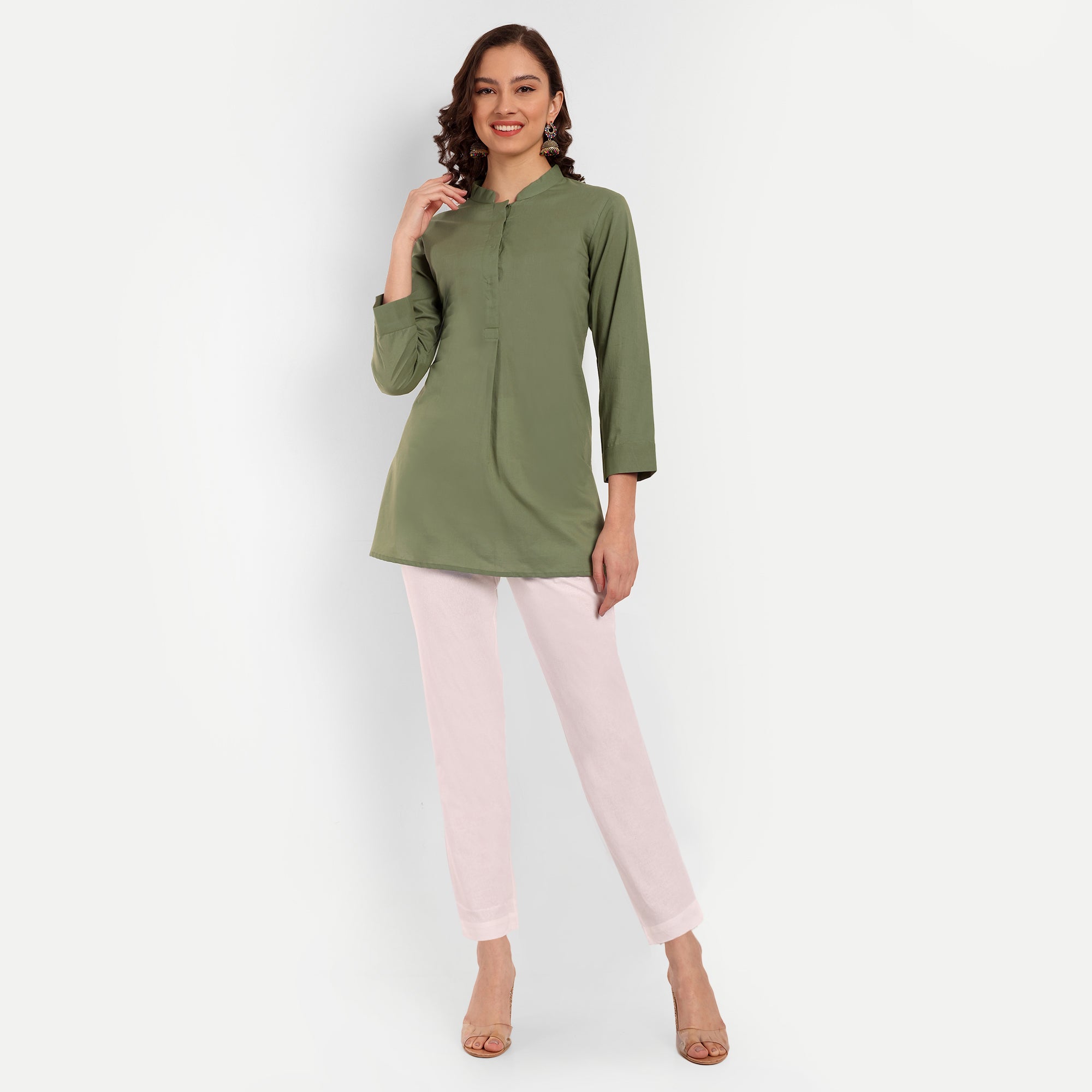 Pista Green Solid Straight Cotton Tunic