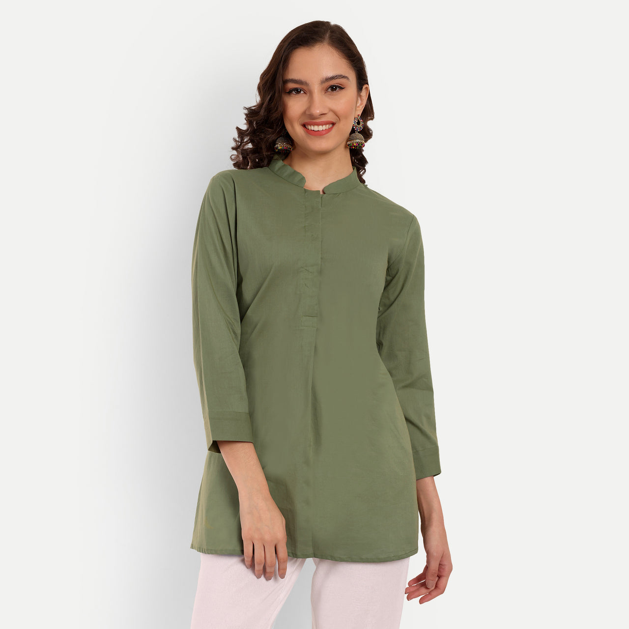 Pista Green Solid Straight Cotton Tunic