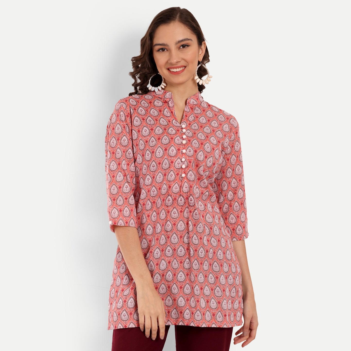 Peach Floral Printed Straight Cotton Tunic