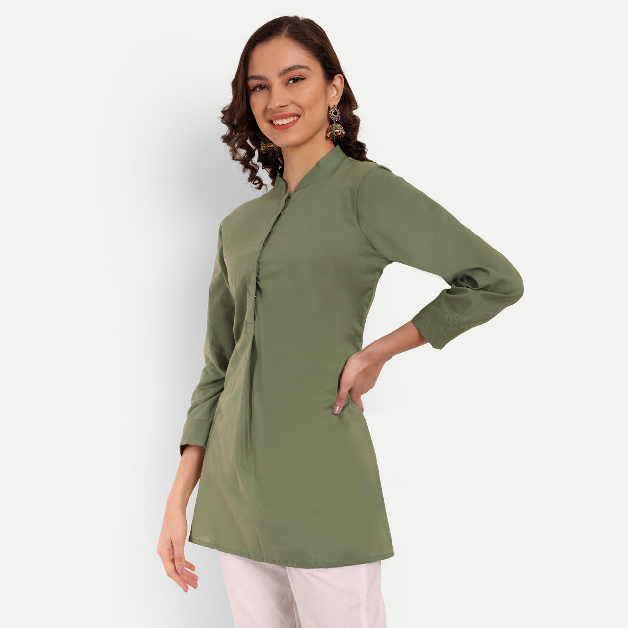 Pista Green Solid Straight Cotton Tunic
