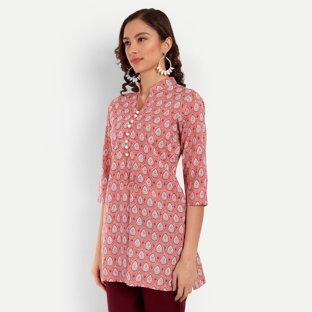 Peach Floral Printed Straight Cotton Tunic