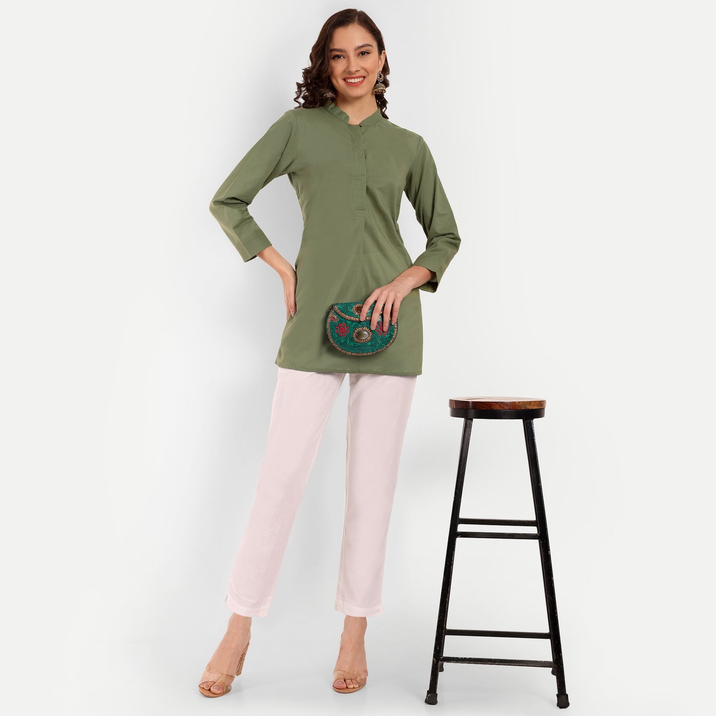 Pista Green Solid Straight Cotton Tunic