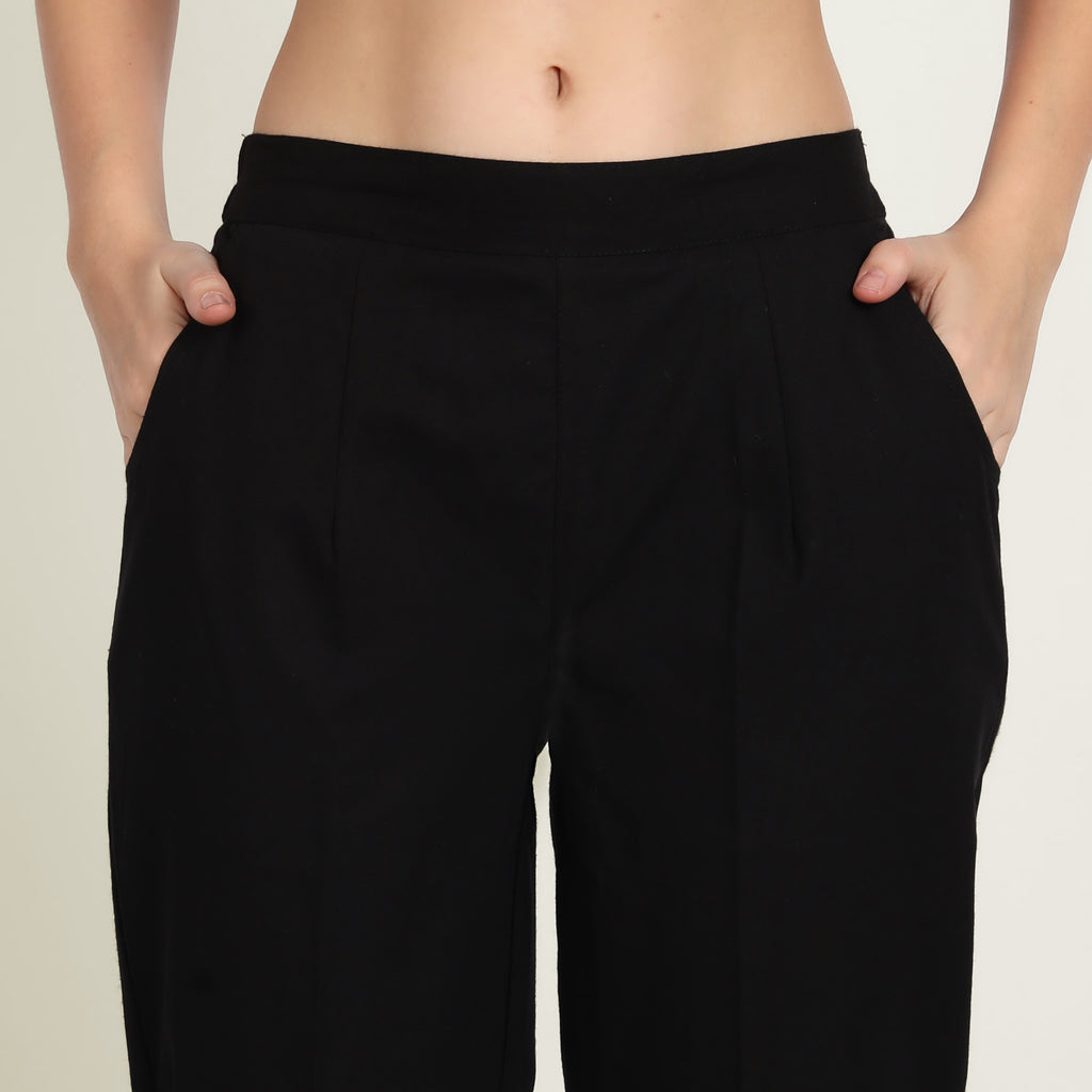 Women Black & Beige Cotton Pants