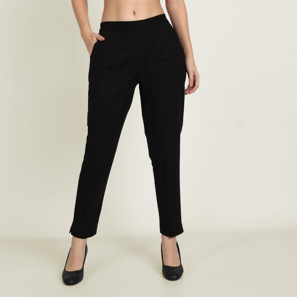 Women Black & Beige Cotton Pants
