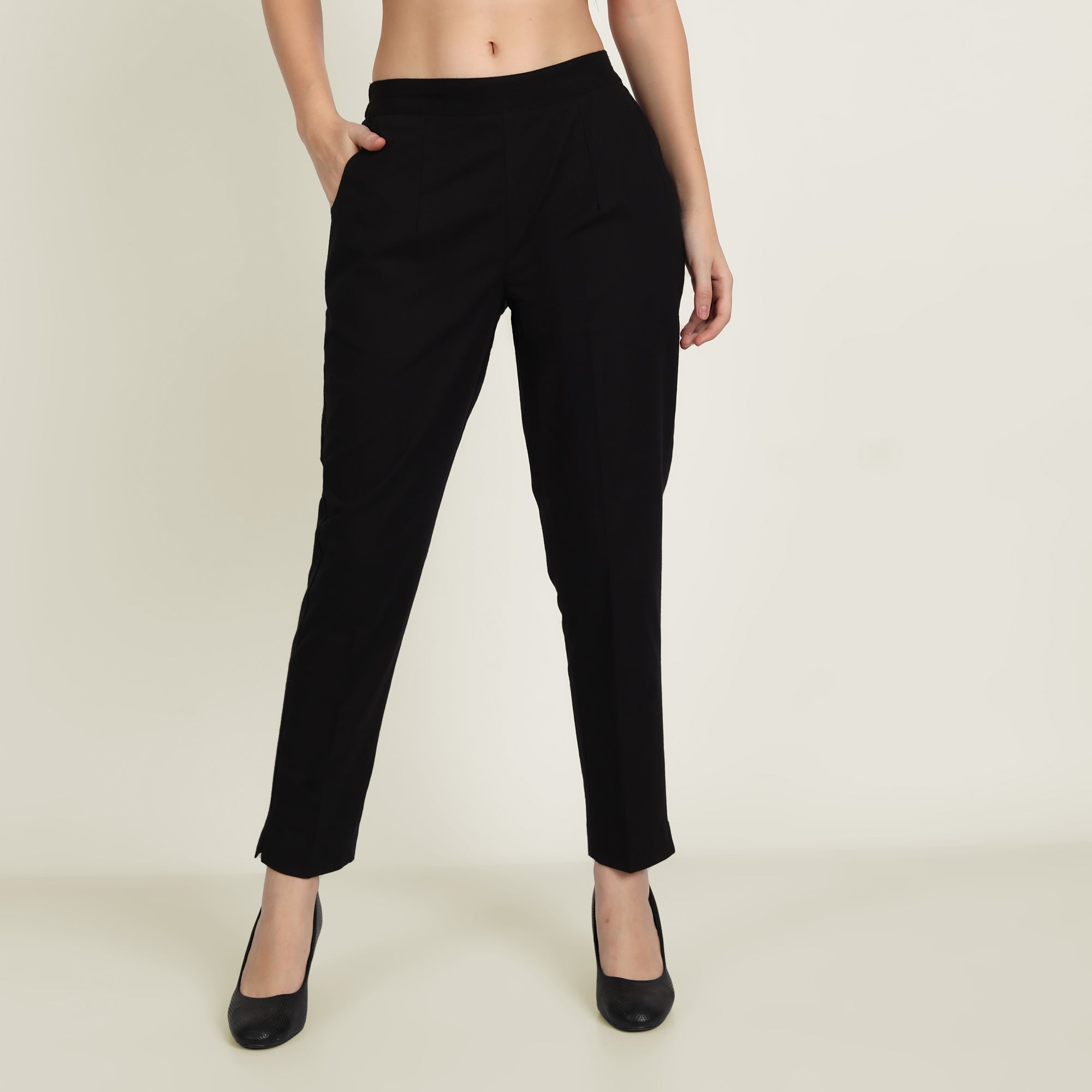Women Black & Beige Cotton Pants