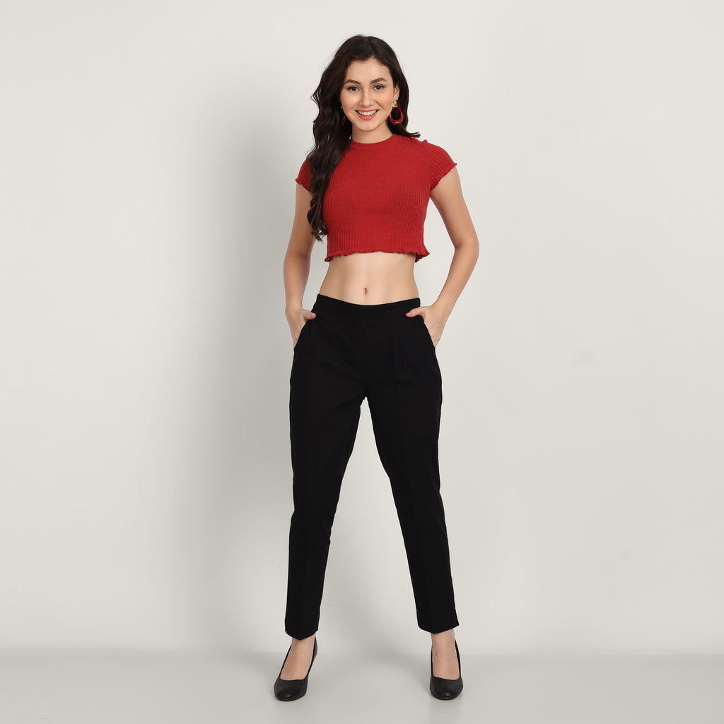 Women Black & Beige Cotton Pants