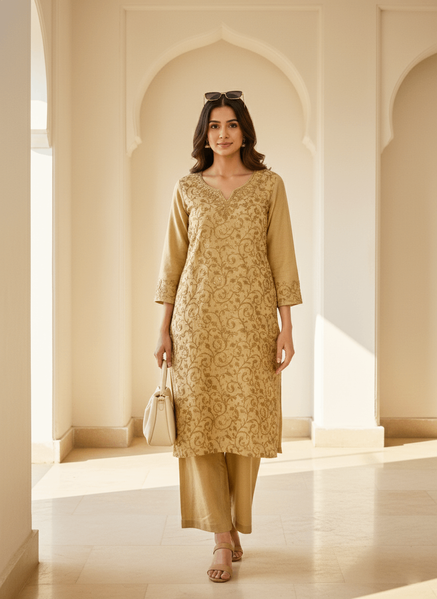 Beige Aari Embroidered Cotton Coord Set