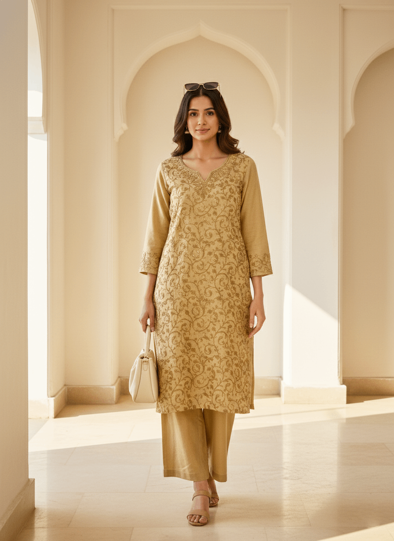 Beige Aari Embroidered Cotton Coord Set