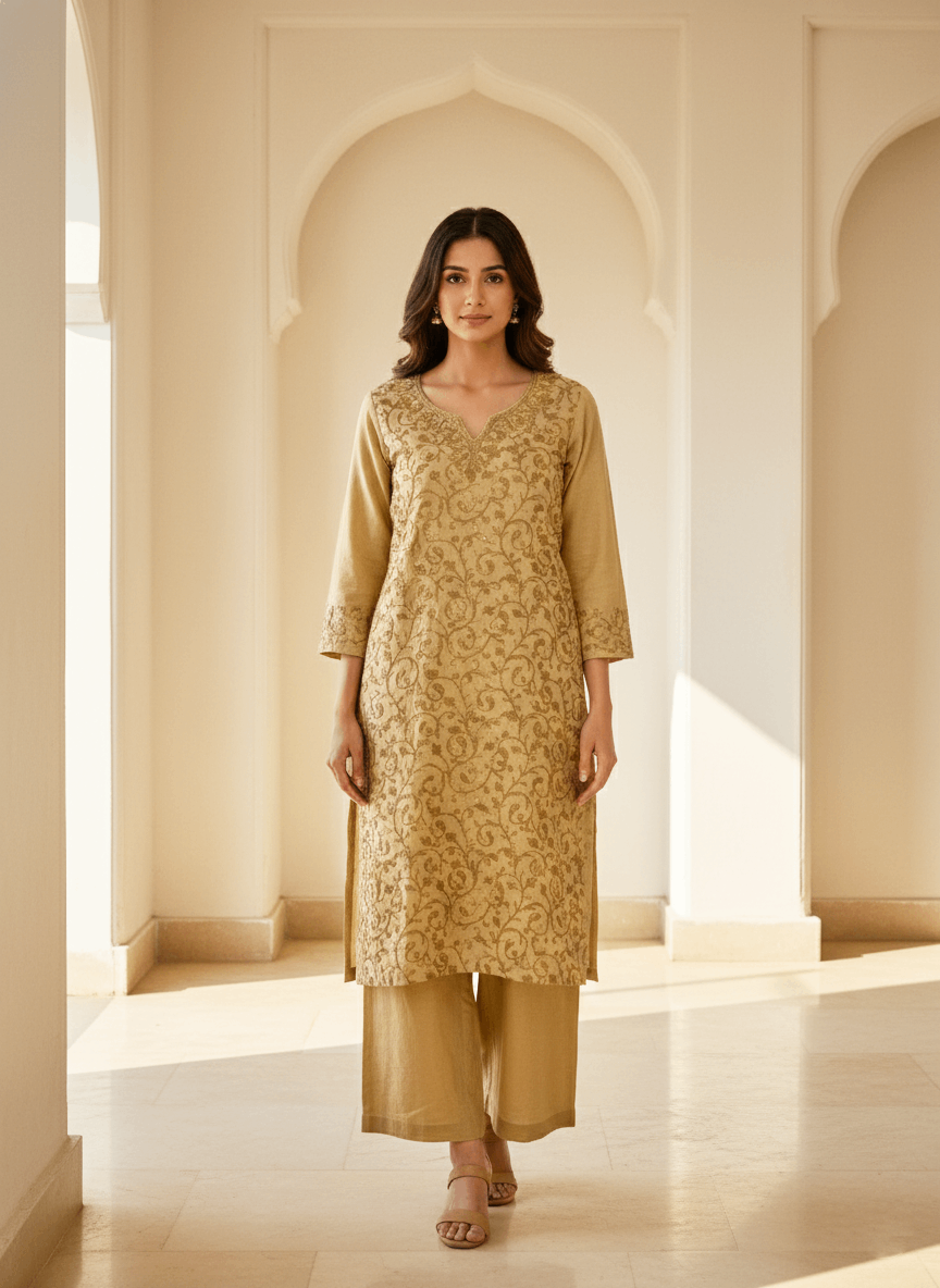 Beige Aari Embroidered Cotton Coord Set