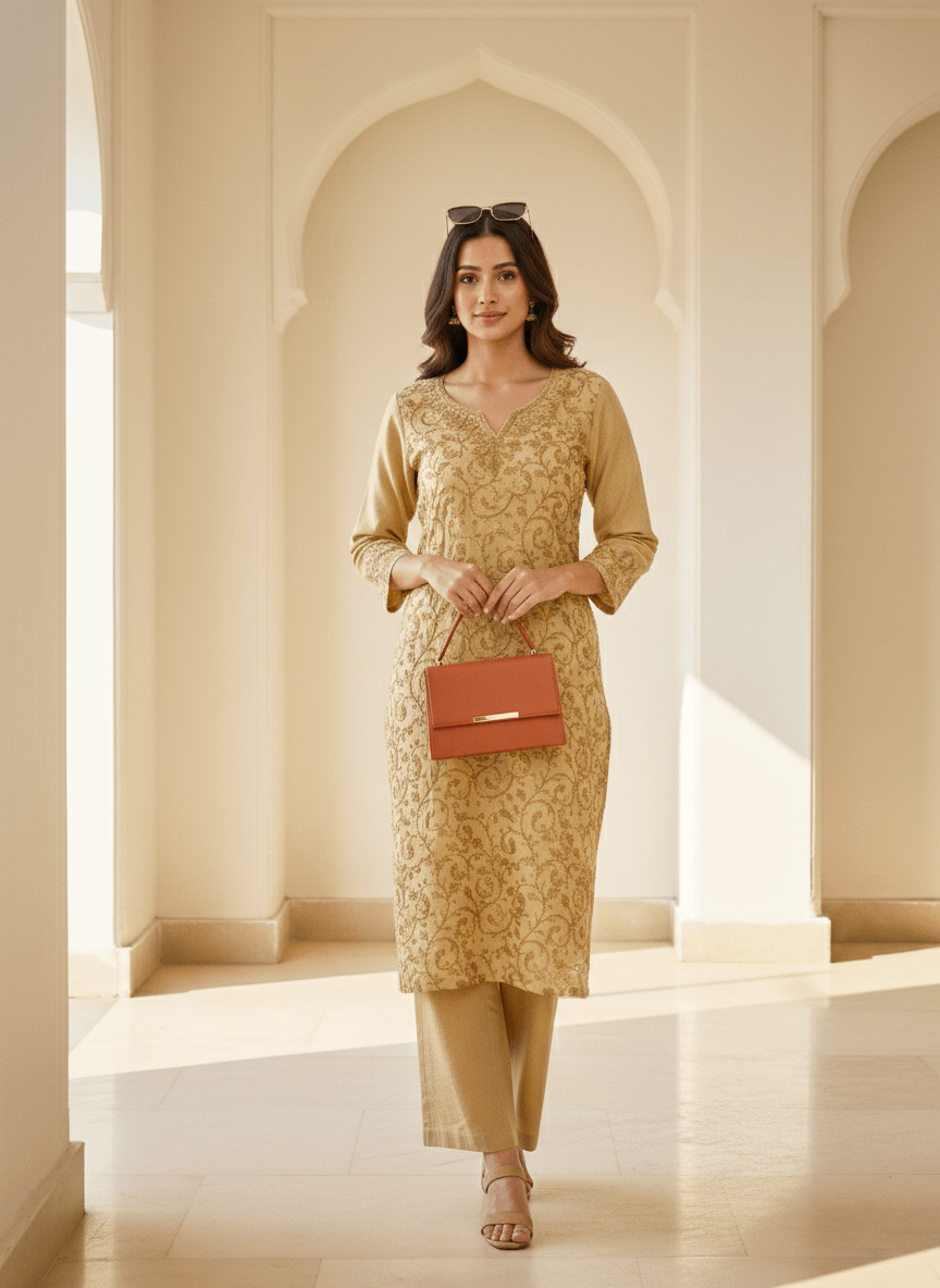 Beige Aari Embroidered Cotton Coord Set