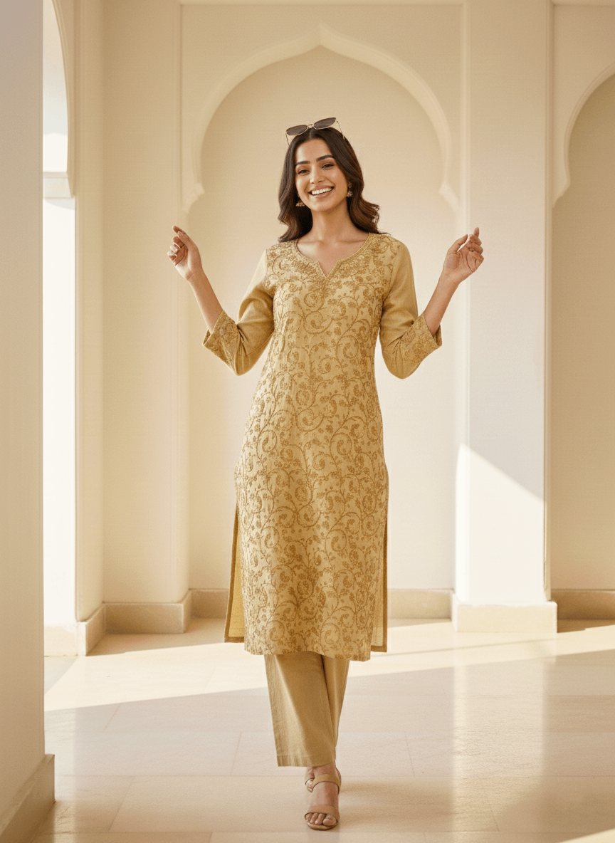 Beige Aari Embroidered Cotton Coord Set