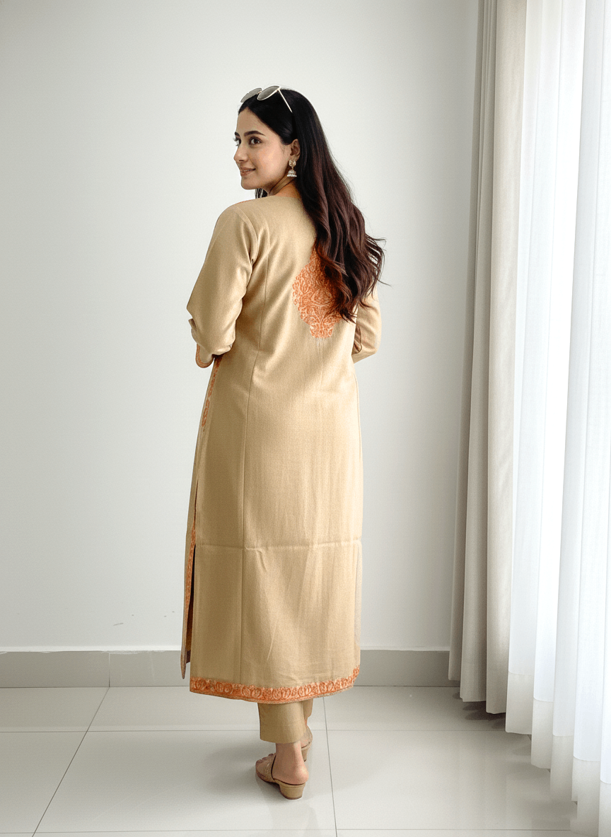 Beige Floral Aari Embroidered Kashmiri Pheran