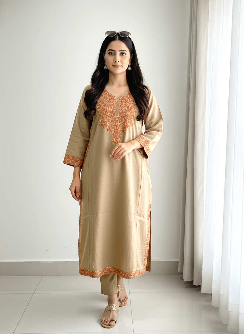Beige Floral Aari Embroidered Kashmiri Pheran