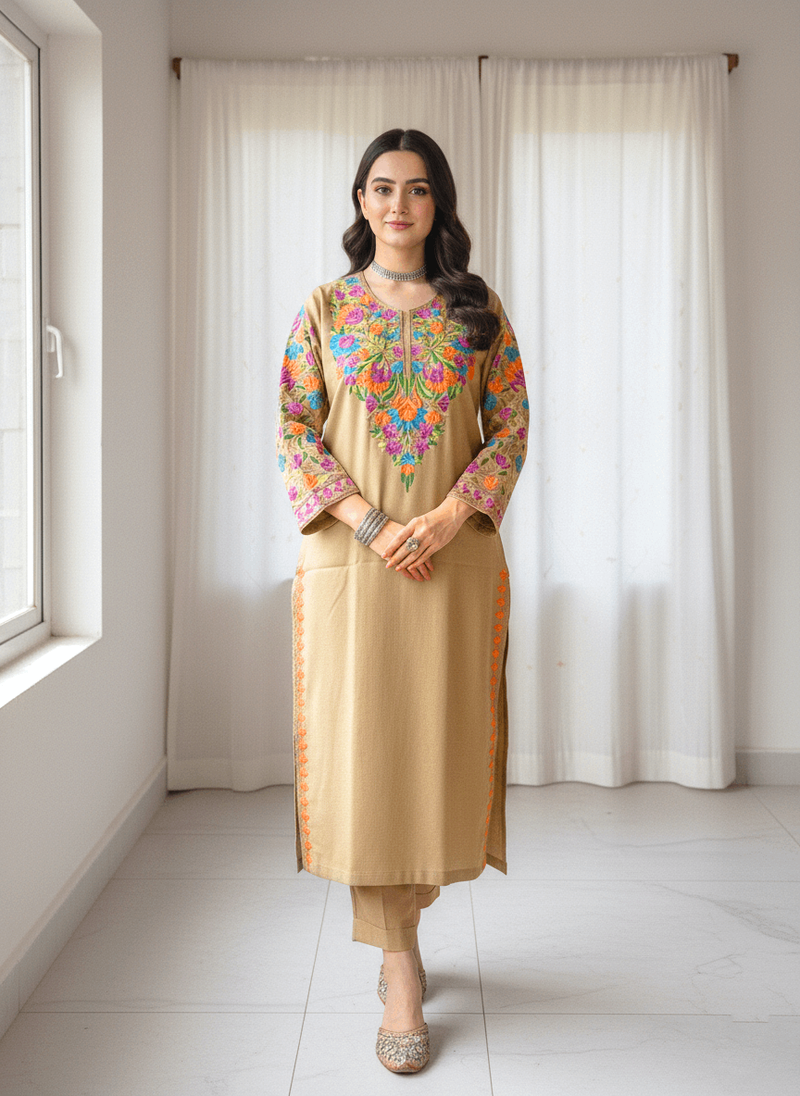 Camel Brown Floral Embroidered Kashmiri Pheran