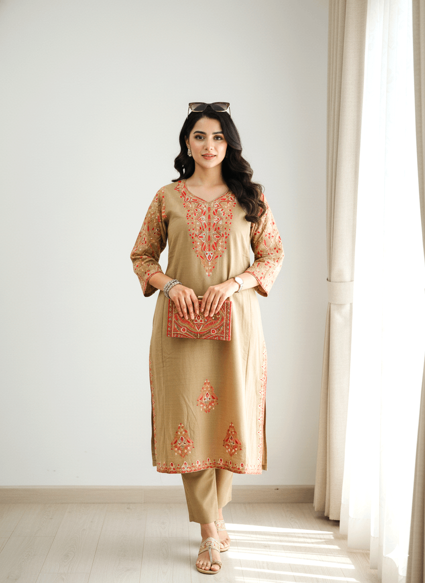 Sand Beige Aari–Tilla Embroidered Kashmiri Pheran