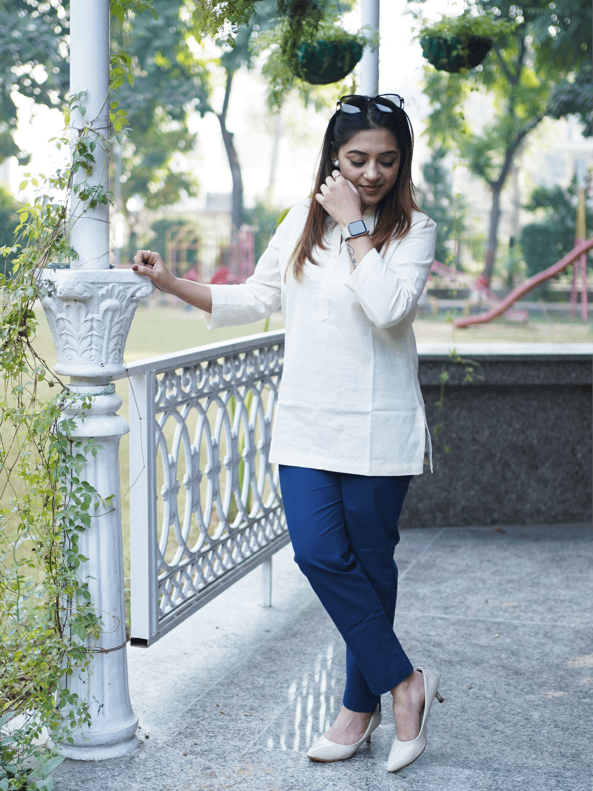 Beige Kurti and Peacock Blue Pant Set