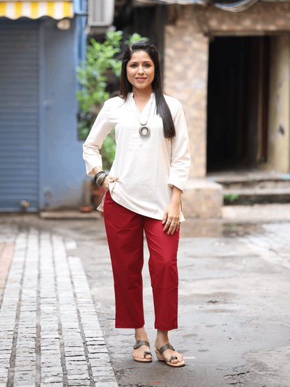 Beige Kurti and Maroon Pant Set