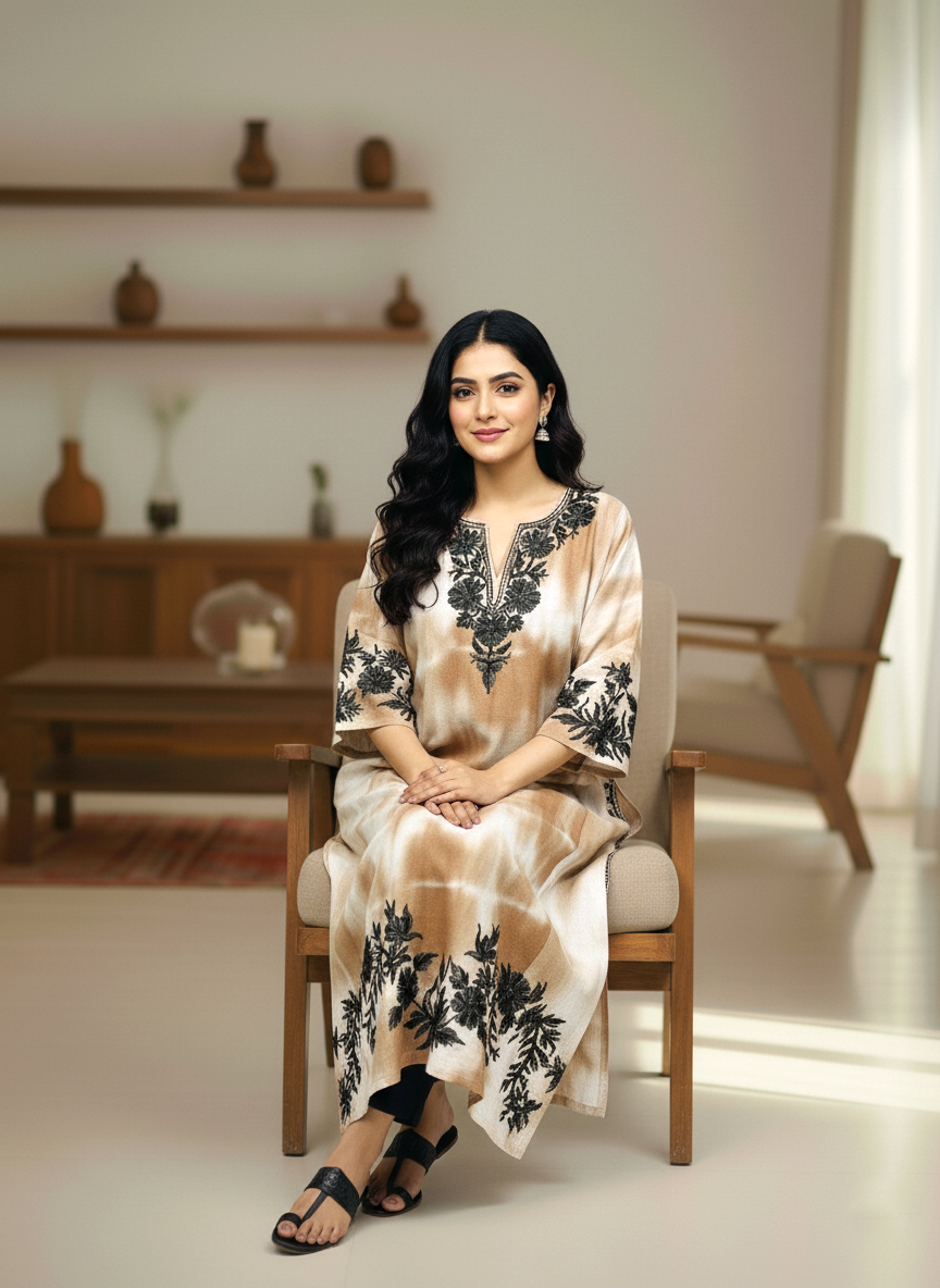 Beige & Black Embroidered Kashmiri Pheran