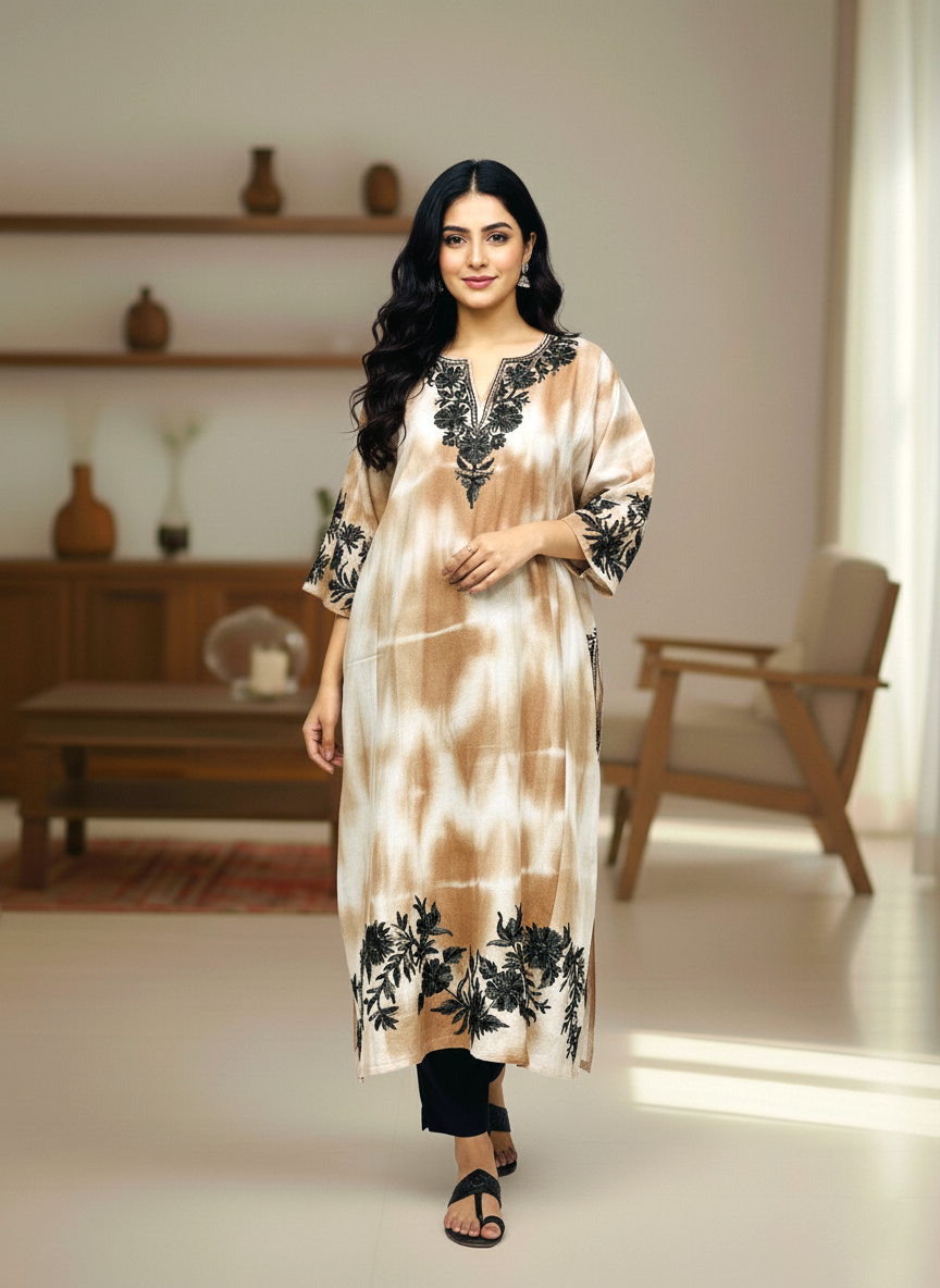 Beige & Black Embroidered Kashmiri Pheran