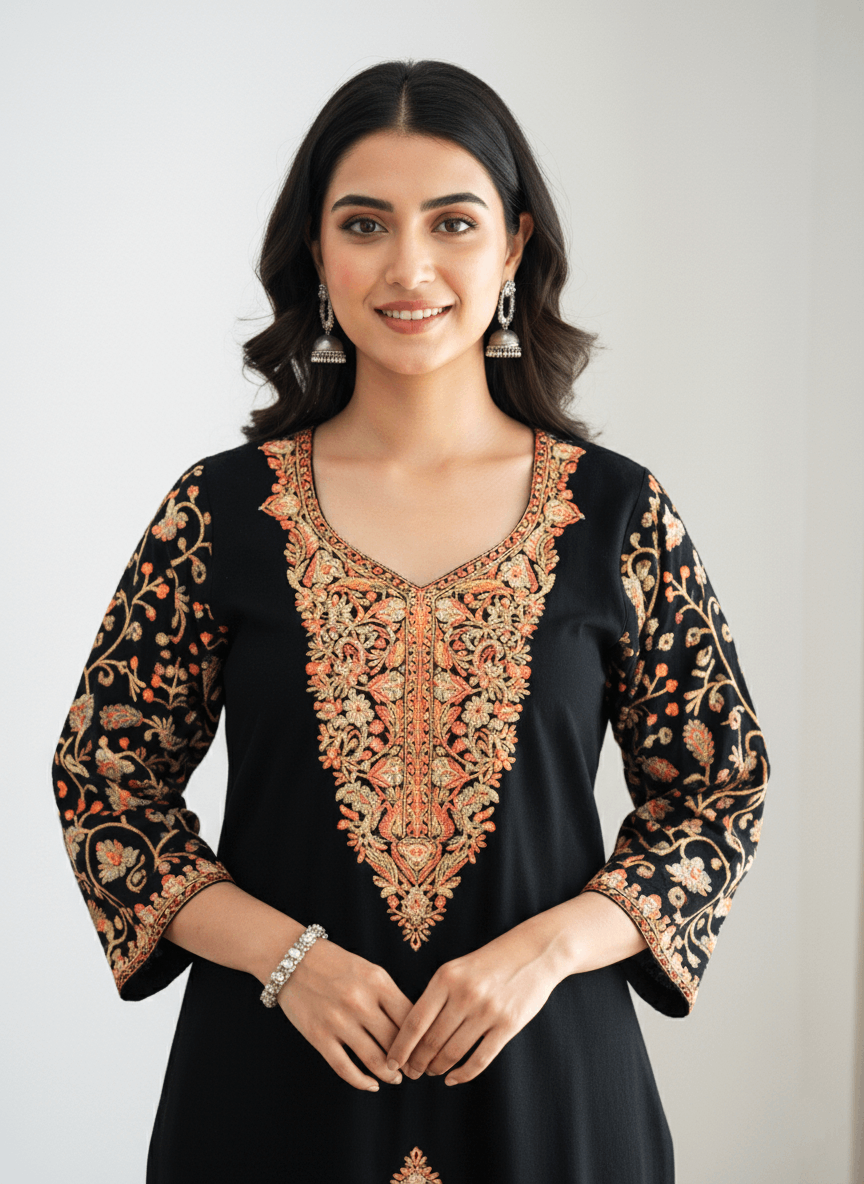 Black Aari–Tilla Embroidered Kashmiri Pheran