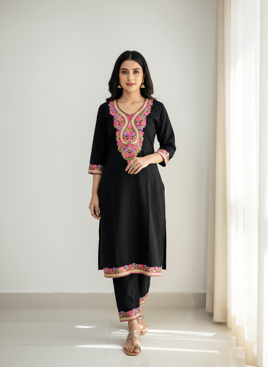 Black Aari and Tilla Embroidered Kashmiri Co-ord set