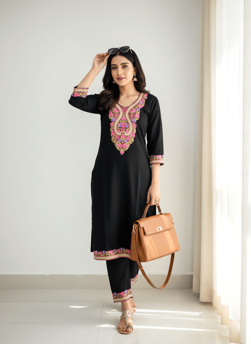 Black Aari and Tilla Embroidered Kashmiri Co-ord set