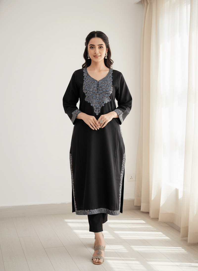Black Floral Aari Embroidered Kashmiri Pheran