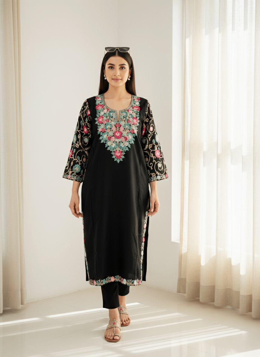 Black Floral Aari Embroidered Kashmiri Pheran