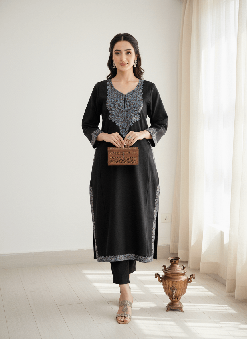 Black Floral Aari Embroidered Kashmiri Pheran