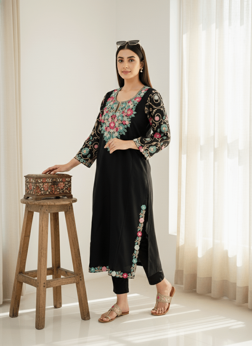 Black Floral Aari Embroidered Kashmiri Pheran
