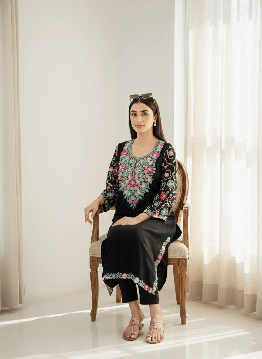 Black Floral Aari Embroidered Kashmiri Pheran