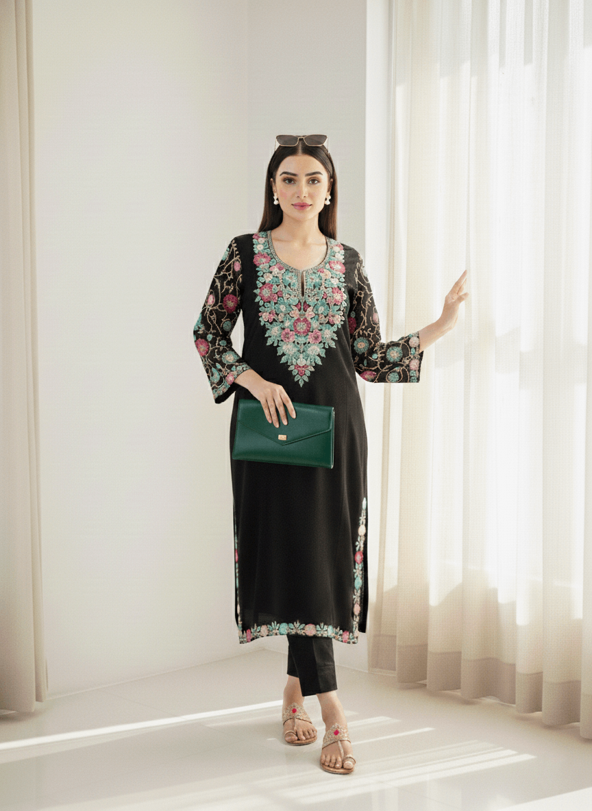 Black Floral Aari Embroidered Kashmiri Pheran